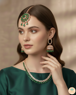 American Diamond Style Necklace Set - Rose Gold/Emerald Green