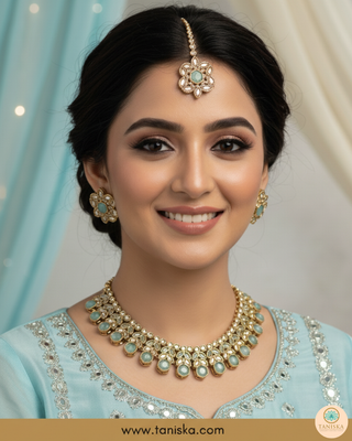Sea Blue Traditional Necklace Set - Antique Gold