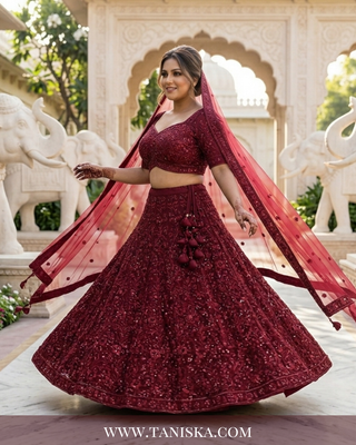 Maroon Velvet Floral Bridal Lehenga