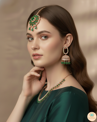American Diamond Style Necklace Set - Rose Gold/Emerald Green