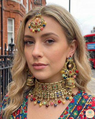 Pearly Antique Gold, Double Choker Necklace Set (Necklace, Earrings, Tikka) - Golden / Multi
