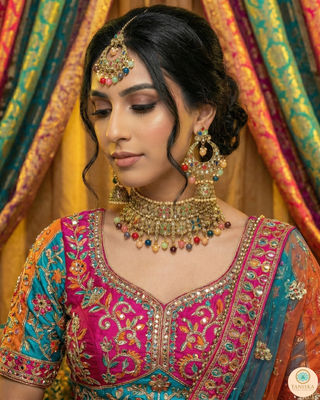 Pearly Antique Gold, Double Choker Necklace Set (Necklace, Earrings, Tikka) - Golden / Multi