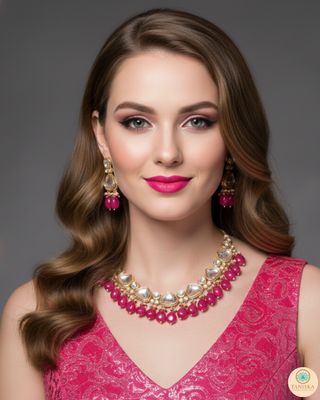 MEEREN Kundan Choker Necklace Set (Hot Pink)