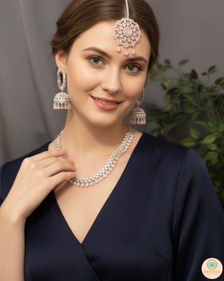 American Diamond Style Necklace Set - Silver/Baby Pink