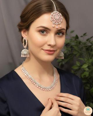 American Diamond Style Necklace Set - Silver/Baby Pink