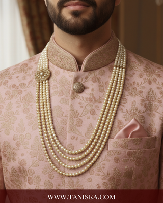 The Regent’s Bloom | Floral Medallion Pearl Mala | Antique Gold 4 Layered Pearl Mens / Groom Mala