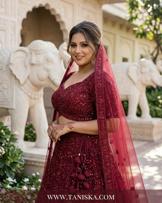 Maroon Velvet Floral Bridal Lehenga