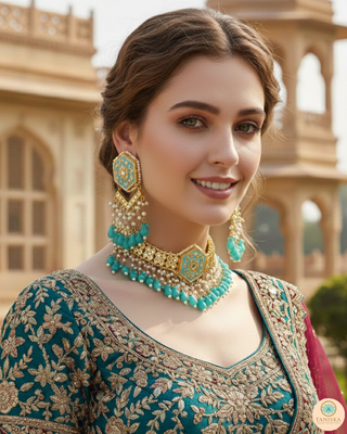 MRINAL Traditional Meenakari Kundan Necklace Set - Mint