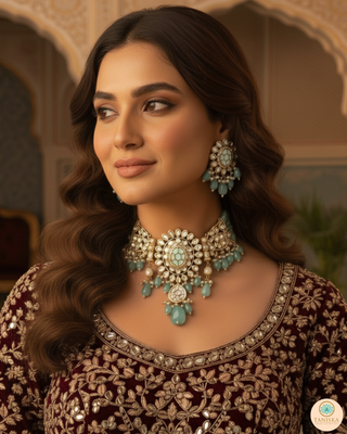 SABRINA Traditional Kundan Necklace Set - Mint