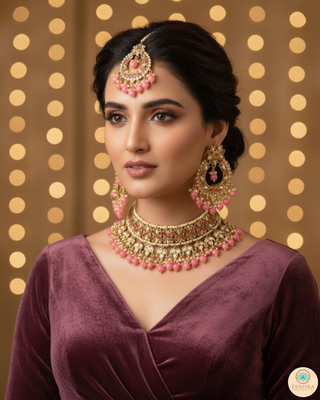 Pearly Antique Gold Necklace Set (Necklace, Earrings, Tikka) - Golden / Pink