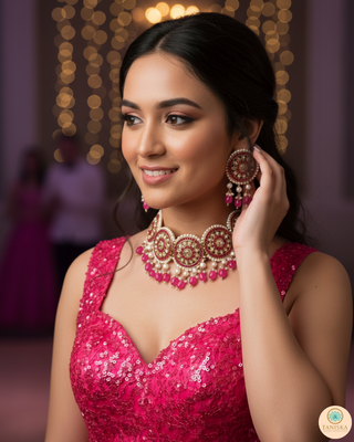 Pearly Antique Gold Necklace Set (Necklace, Earrings, Tikka) - Golden / Hot Pink