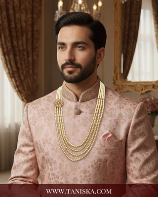 The Regent’s Bloom | Floral Medallion Pearl Mala | Antique Gold 4 Layered Pearl Mens / Groom Mala