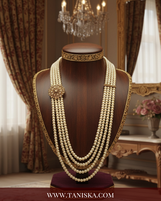 The Regent’s Bloom | Floral Medallion Pearl Mala | Antique Gold 4 Layered Pearl Mens / Groom Mala