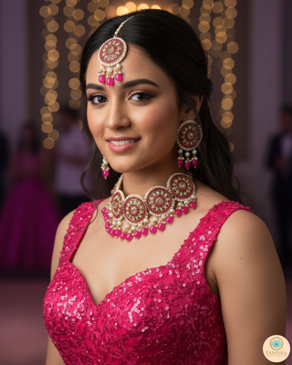 Pearly Antique Gold Necklace Set (Necklace, Earrings, Tikka) - Golden / Hot Pink