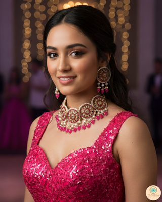 Pearly Antique Gold Necklace Set (Necklace, Earrings, Tikka) - Golden / Hot Pink
