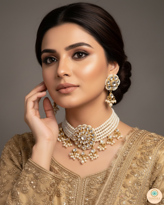 ANAYAT Golden Pachi Kundan Necklace Set