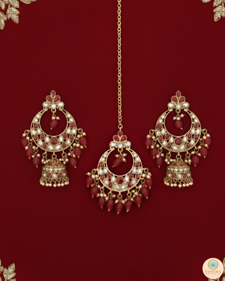 Pearly Antique Gold Necklace Set (Necklace, Earrings, Tikka) - Golden / Red