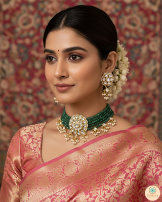 ANAYAT Emerald Green Pachi Kundan Necklace Set