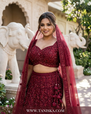 Maroon Velvet Floral Bridal Lehenga