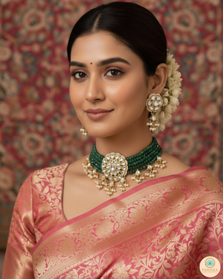 ANAYAT Emerald Green Pachi Kundan Necklace Set