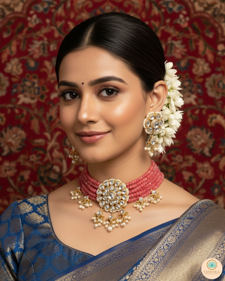ANAYAT Rose Pink Pachi Kundan Necklace Set