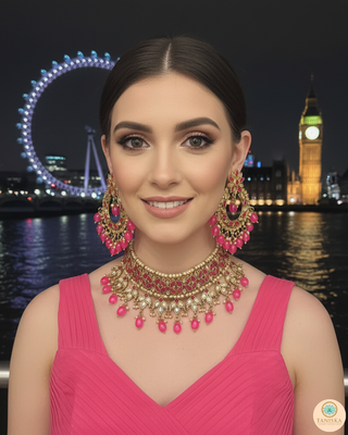 Pearly Necklace Set (Necklace, Earrings, Tikka) - Hot Pink