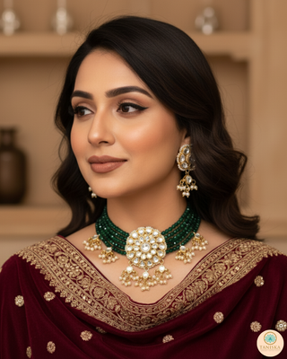 ANAYAT Dark Bottle Green Pachi Kundan Necklace Set