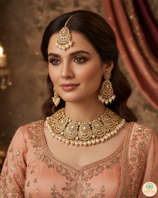 Pearly Antique Gold Necklace Set (Necklace, Earrings, Tikka) - Golden / Peachy Pink