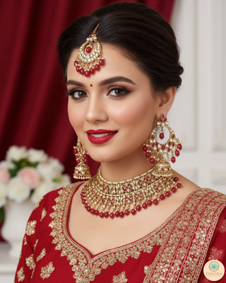 Pearly Antique Gold Necklace Set (Necklace, Earrings, Tikka) - Golden / Red