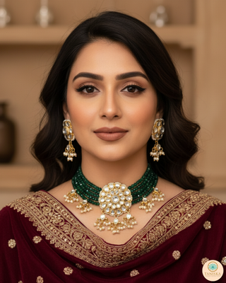 ANAYAT Dark Bottle Green Pachi Kundan Necklace Set