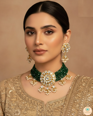 ANAYAT Dark Bottle Green Pachi Kundan Necklace Set