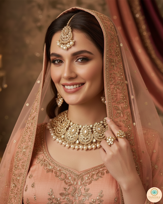 Pearly Antique Gold Necklace Set (Necklace, Earrings, Tikka) - Golden / Peachy Pink