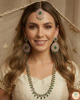 American Diamond Style, Cubic Zirconia Long Necklace Set - Rose Gold / Emerald Green