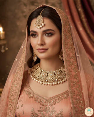 Pearly Antique Gold Necklace Set (Necklace, Earrings, Tikka) - Golden / Peachy Pink