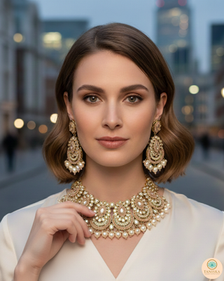 Pearly Antique Gold Necklace Set (Necklace, Earrings, Tikka) - Golden / Peachy Pink