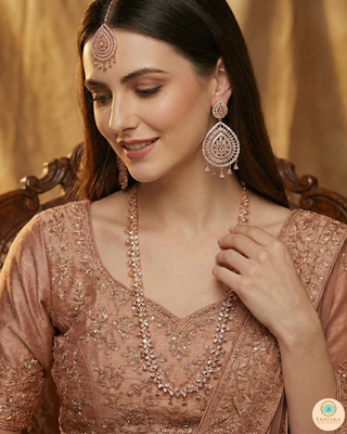 American Diamond Style, Cubic Zirconia Long Necklace Set - Rose Gold