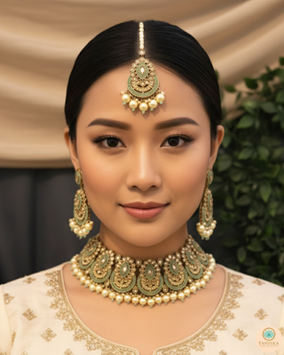 Pearly Antique Gold Necklace Set (Necklace, Earrings, Tikka) - Golden / Mint