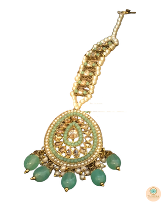 Pearly Antique Gold Necklace Set (Necklace, Earrings, Tikka) - Golden / Mint