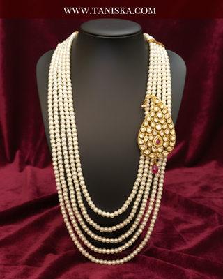 The Rajwada Sovereign | Grand Kundan & Gold Mala | Pearl White Kundan 5 Layered Mens / Groom Mala