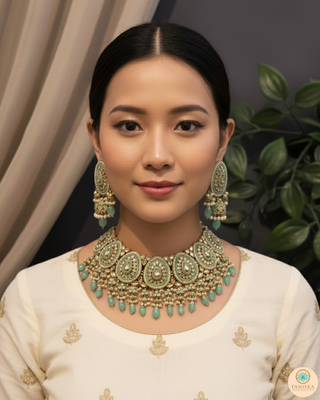 Pearly Antique Gold Necklace Set (Necklace, Earrings, Tikka) - Golden / Mint
