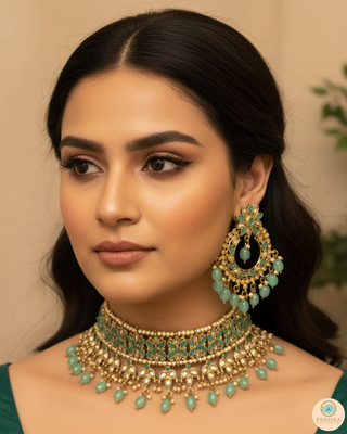 Pearly Antique Gold Necklace Set (Necklace, Earrings, Tikka) - Golden / Mint