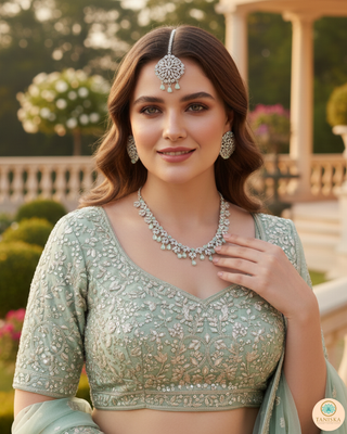American Diamond Style Necklace Set - Silver/Mint