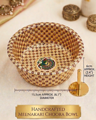 Handcrafted Meenakari Choora Bowl | Traditional Peacock Design Wedding Ritual Bowl | 15.5cm Gold Enamel Bowl