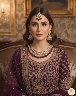 Purple Traditional Necklace Set - Antique Gold