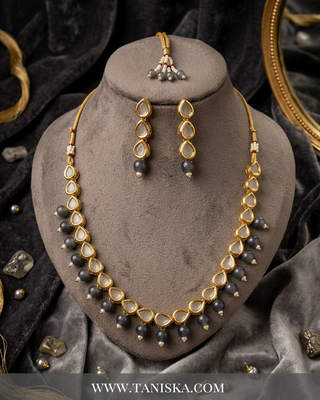 ROYAL Kundan Necklace Set - Charcoal Grey (with Meenakari)