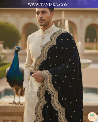 The Sapphire Sovereign | Velvet Zardosi Groom’s Shawl
