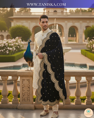 The Sapphire Sovereign | Velvet Zardosi Groom’s Shawl
