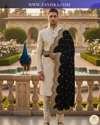The Sapphire Sovereign | Velvet Zardosi Groom’s Shawl
