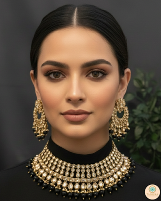Pearly Antique Gold Necklace Set (Necklace, Earrings, Tikka) - Golden / Black