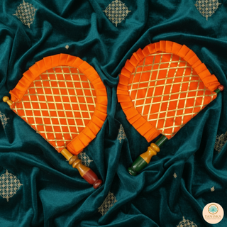 Orange Cross Stripes Punjabi Pakhi (Hand Fans) - Pack of 2